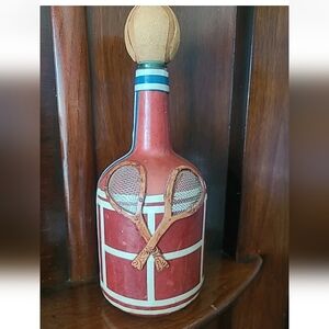 Vintage Tennis Themed Leather Wrapped Decanter Bottle/Flask From Italy 12 In Tal